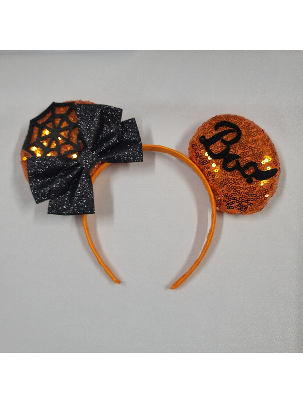Disney Minnie Mickey Mouse Ears Headband Halloween Boo Sequin Orange Black Web